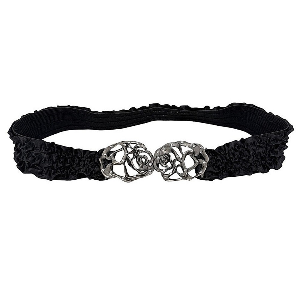 Belt Rose Metal Buckle Rhinestone Ruffled Elastic Cinch Waist Black One Size 30"